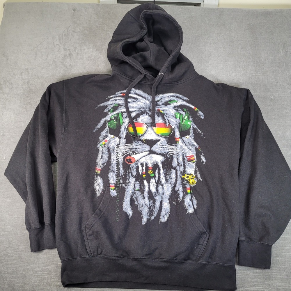 Cotton Heritage Hoodie Mens XL Black Rasta Lion Dreadlocks Graphic Pullover